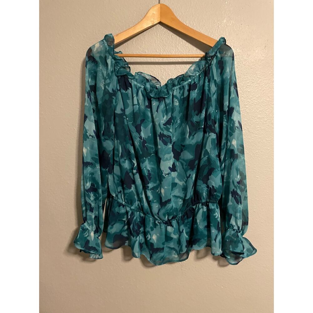 Andre Oliver Womens Top Size 1X Teal Floral Chiffon Peplum Ruffle Fairy Y2K